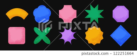 Bright sticker shape collection. Primitive geometric label element pack. Kids textured patch element bundle. Set of abstract dotted blank badges for price tag, sale promotion, product label. Vector Bright sticker shape collection. Primitive geometric label element pack. Kids textured patch element bundle. Set of abstract dotted blank badges for price tag, sale promotion, product label. Vector 122251664
