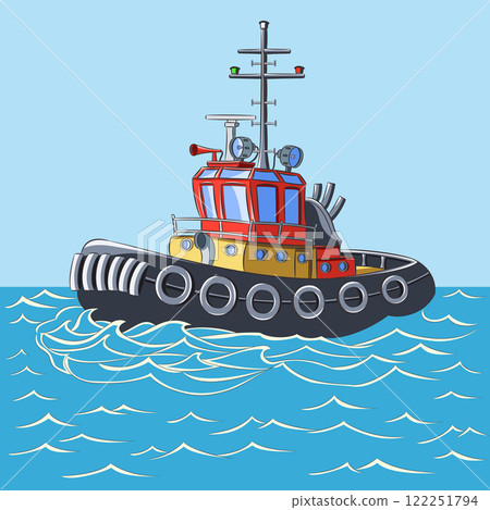 Vector drawing cartoon tugboat on ocean waves Vector drawing cartoon tugboat on ocean waves 122251794