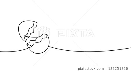 Open cracked eggshell one line continuous drawing. Organic farm product. Vector illustration 122251826