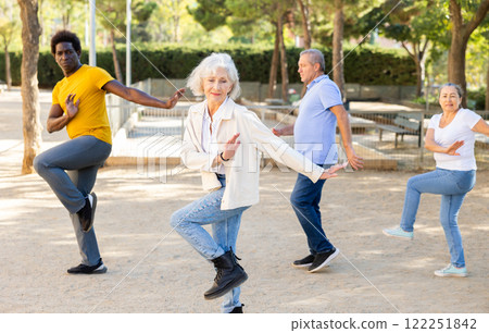 Carefree diverse people dancing rhythmic dance aerobic workout in park during spring day 122251842