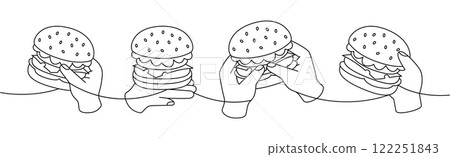 Hands holding a burgers one line continuous drawing. Traditional American fast food. Takeaway snack. Vector illustration. 122251843