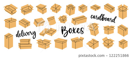 Cargo boxes. Carton delivery packaging boxes. Present gift boxes. Vector illustration. Cargo boxes. Carton delivery packaging boxes. Present gift boxes. Vector illustration. 122251866