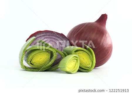 Fresh Sliced Red Onion and Green Leeks on White Background 122251913