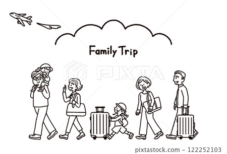 Three generations family travel airplane handwritten illustration monochrome 122252103