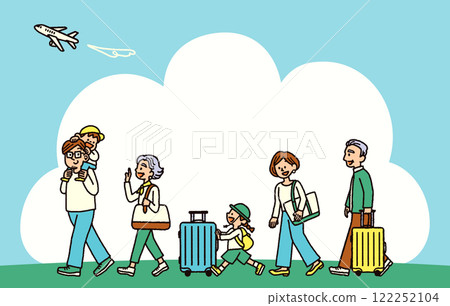 Three generations family travel airplane background handwritten illustration 122252104