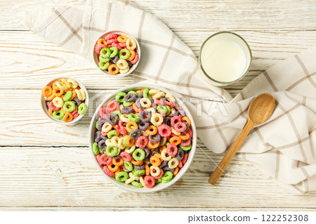 Colorful cornflakes, concept of tasty breakfast, morning food 122252308