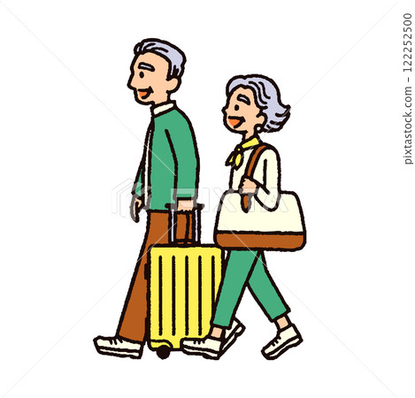 Illustration of a senior couple heading off on a trip with a suitcase 122252500