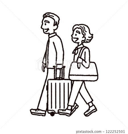 Illustration of a senior couple heading off on a trip with a suitcase, monochrome 122252501