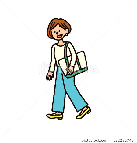 Illustration of a woman in casual clothes walking with a bag Shopping 122252743