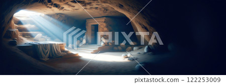Interior view of the tomb with glow evoking the resurrection of Jesus. 122253009