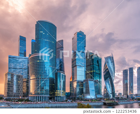 High buildings of Moscow-City at Moskva River at summer sunset, Russia. High buildings of Moscow-City at Moskva River at summer sunset, Russia. 122253436