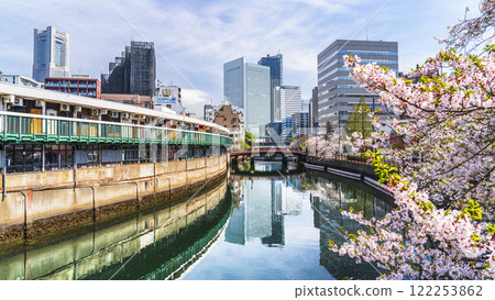 Spring in Yokohama, Ooka River: Cityscape around Noge Miyakobashi Shopping Arcade with cherry blossoms in bloom [Yokohama City, Kanagawa Prefecture] 122253862