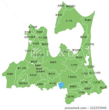 可分割的青森縣地圖，包含城市、城鎮和村莊名稱 122253940