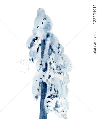 Pine tree under heavy snow watercolor illustration isolated on white background. Nature, winter landscape design element. High quality clip art perfect for cards, banners, posters, books decor 122254015