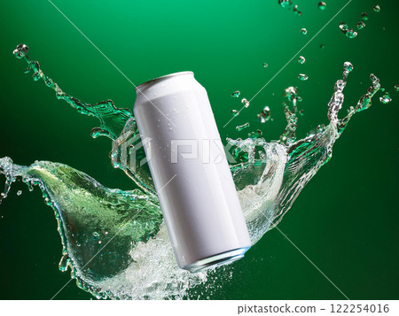 綠色背景上的白色罐頭濺起水花 122254016