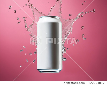 紅色背景上的白色罐頭濺起水花 紅色背景上的白色罐頭濺起水花 122254017