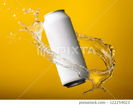 Droplets hitting a white can on a yellow background Droplets hitting a white can on a yellow background 122254023