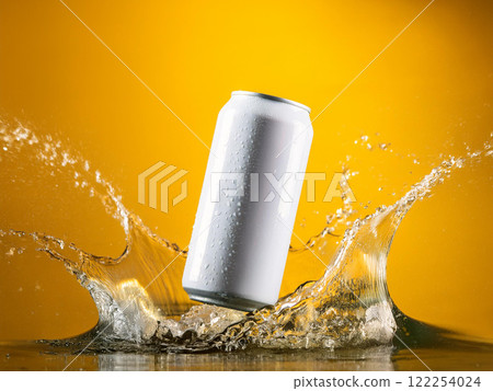 黃色背景上的白色罐頭濺起水花 黃色背景上的白色罐頭濺起水花 122254024