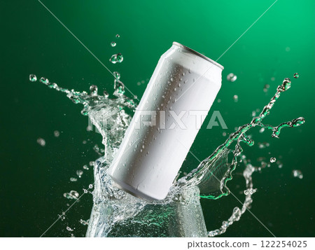 綠色背景上的白色罐頭濺起水花 122254025