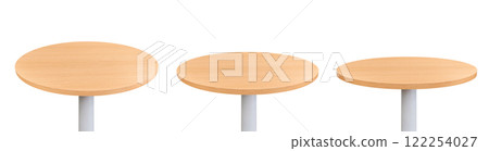 Beautiful empty round wooden table on white background. Beautiful empty round wooden table on white background. 122254027