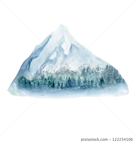 Snowy mountain with spruce trees at the bottom watercolor illustration isolated on white. Hand painted design element perfect for climbing, landscape, travel, hiking products decor, for cards, guides 122254106