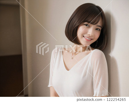 Woman leaning against a wall and looking at the camera 122254265