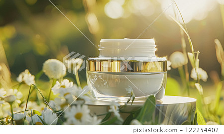 Cosmetic cream in a glass jar. Skin care concept. Background for beauty products Cosmetic cream in a glass jar. Skin care concept. Background for beauty products 122254402