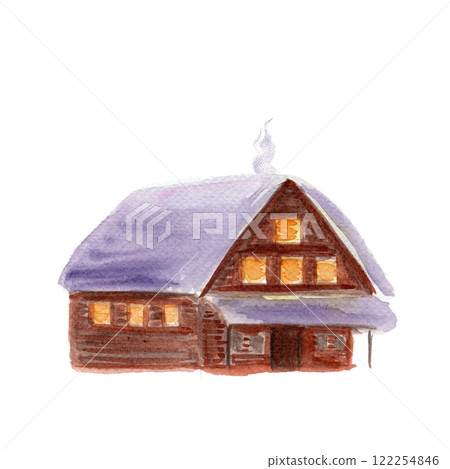Log house with snow on the roof top and smoke isolated on white background. High quality architecture watercolor illustration perfect for cards, as a landscape element. Cute cozy decorative residence Log house with snow on the roof top and smoke isolated on white background. High quality architecture watercolor illustration perfect for cards, as a landscape element. Cute cozy decorative residence 122254846