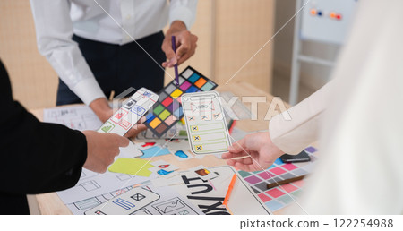 Application development team Meet together to brainstorm ideas for planning ux ui of the application for smartphones Application development team Meet together to brainstorm ideas for planning ux ui of the application for smartphones 122254988