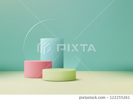 3D Pastel Cylinders in Pink, Green, and Blue on a Light Yellow Surface with Mint Green Backdrop and Transparent Glass Arc for Minimalist Product Display 3D Pastel Cylinders in Pink, Green, and Blue on a Light Yellow Surface with Mint Green Backdrop and Transparent Glass Arc for Minimalist Product Display 122255261