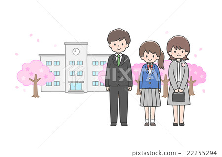 入學典禮：女學生和家長站在教學大樓前 122255294