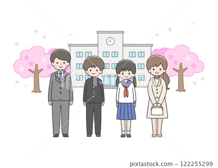 Entrance ceremony: Students and parents standing in front of the school building 122255299