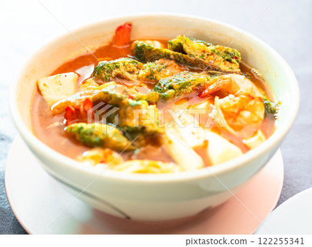 Sour Curry with Vegetable Omelet in Cup, Vegetable Curry Omelet tamarind Foood restaurant, Cooking Meat Asian Thailand Spicy Herb. 122255341