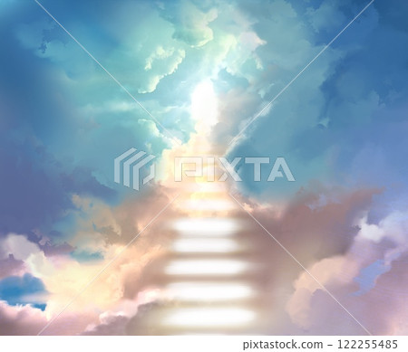Background of a staircase of light leading to heaven and a heavenly gate shining through it 122255485