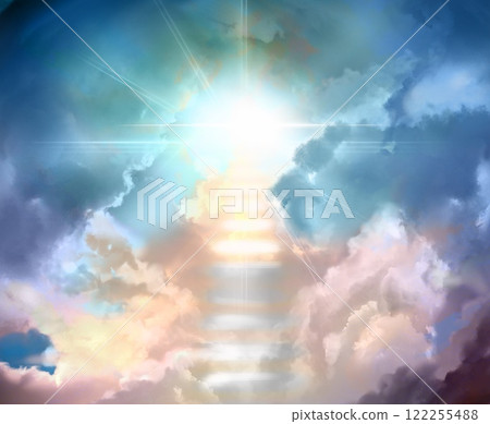 Background of a staircase of light leading to heaven and a heavenly gate shining through it Background of a staircase of light leading to heaven and a heavenly gate shining through it 122255488