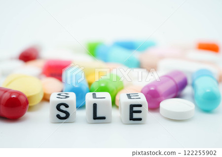 AIDS Acquired immunodeficiency syndrome word with pills and capsules medical drug. 122255902