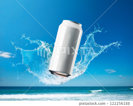 Water hitting a white can with the ocean in the background 122256188