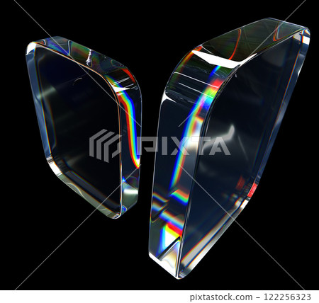 3d abstract glass transparent square shapes black background. Render crystal cube plates with iridescent light holographic neon gradient, chromatic effect, design digital tech banner. 3D illustration 122256323