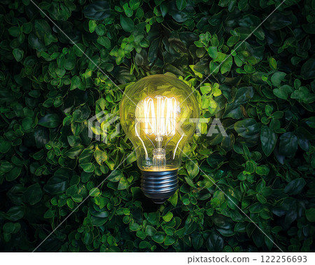 light bulb on the background of green leaves, the concept of saving electricity 122256693