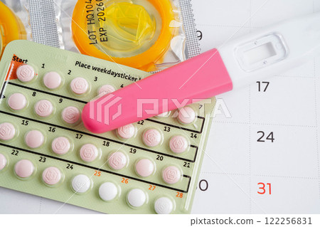 Pregnancy test with birth control pills and condom for female on calendar, ovulation day. Pregnancy test with birth control pills and condom for female on calendar, ovulation day. 122256831
