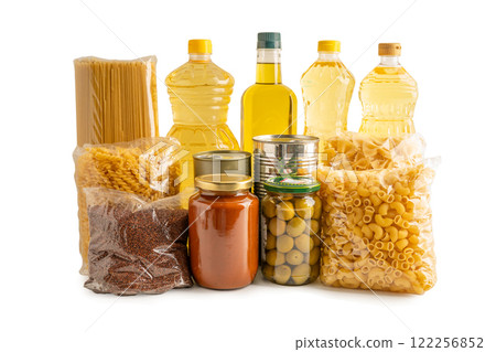 Foodstuffs in donation box isolated on white background with clipping path for volunteer to help people. Foodstuffs in donation box isolated on white background with clipping path for volunteer to help people. 122256852