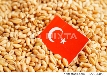 Turkey flag on grain wheat, trade export and economy. 122256853