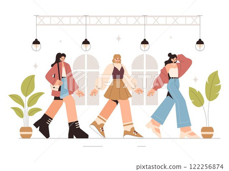 Fashion Runway Vector Illustration featuring Female Models Showcasing Trendy New Outfits on a Catwalk Ramp During a Fashion Show in a Background 122256874