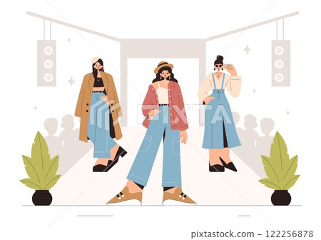 Fashion Runway Vector Illustration featuring Female Models Showcasing Trendy New Outfits on a Catwalk Ramp During a Fashion Show in a Background Fashion Runway Vector Illustration featuring Female Models Showcasing Trendy New Outfits on a Catwalk Ramp During a Fashion Show in a Background 122256878