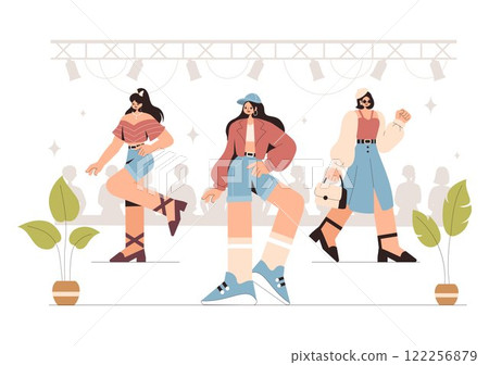 Fashion Runway Vector Illustration featuring Female Models Showcasing Trendy New Outfits on a Catwalk Ramp During a Fashion Show in a Background Fashion Runway Vector Illustration featuring Female Models Showcasing Trendy New Outfits on a Catwalk Ramp During a Fashion Show in a Background 122256879