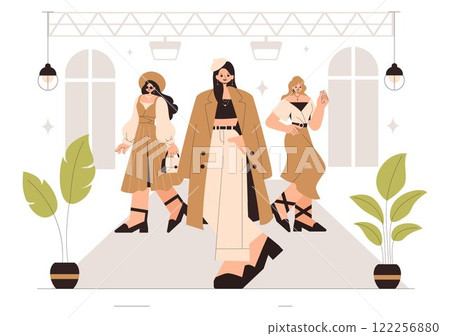 Fashion Runway Vector Illustration featuring Female Models Showcasing Trendy New Outfits on a Catwalk Ramp During a Fashion Show in a Background Fashion Runway Vector Illustration featuring Female Models Showcasing Trendy New Outfits on a Catwalk Ramp During a Fashion Show in a Background 122256880