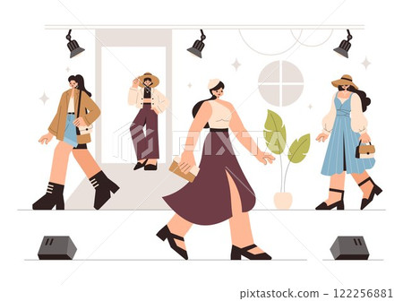 Fashion Runway Vector Illustration featuring Female Models Showcasing Trendy New Outfits on a Catwalk Ramp During a Fashion Show in a Background Fashion Runway Vector Illustration featuring Female Models Showcasing Trendy New Outfits on a Catwalk Ramp During a Fashion Show in a Background 122256881