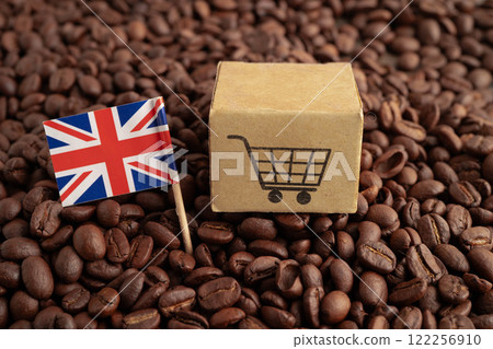 United Kingdom flag on coffee beans, shopping online for export or import food product. United Kingdom flag on coffee beans, shopping online for export or import food product. 122256910