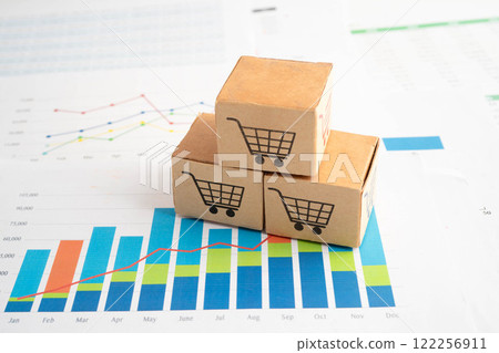 Online shopping, Shopping cart box on business graph, import export, finance commerce. Online shopping, Shopping cart box on business graph, import export, finance commerce. 122256911