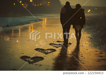 夕陽下，情侶在海灘上並肩散步 122256913